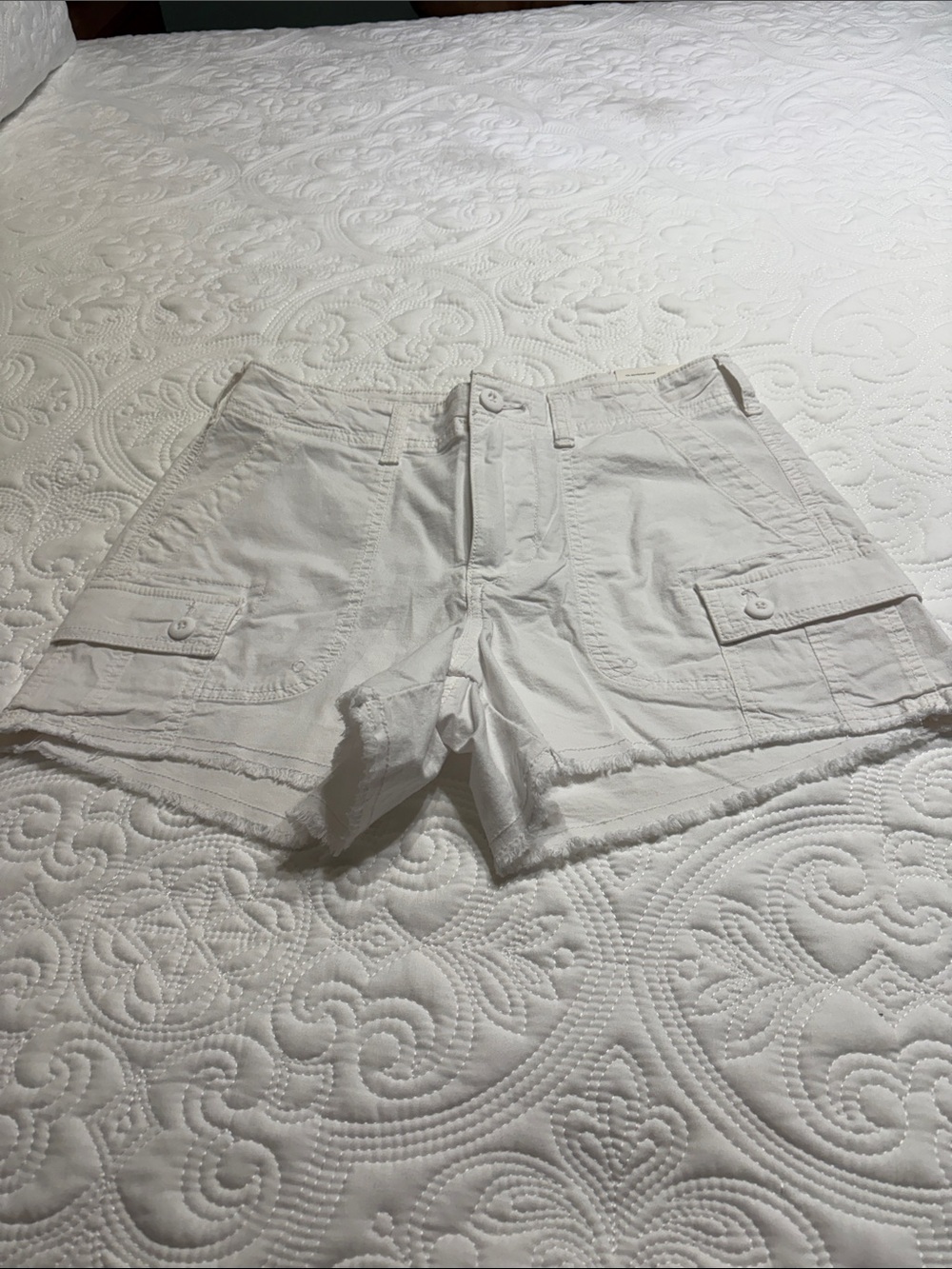 American Eagle Outfitters White Cargo Shorts with Frayed Hem